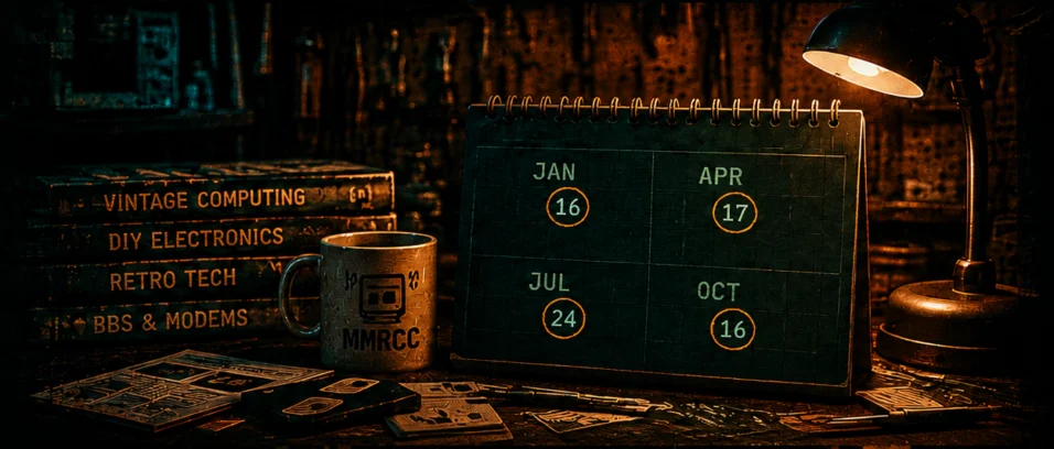 Illustration of a vintage-computing workbench and a calendar showing SEMVCC’s planned 2027 dates.