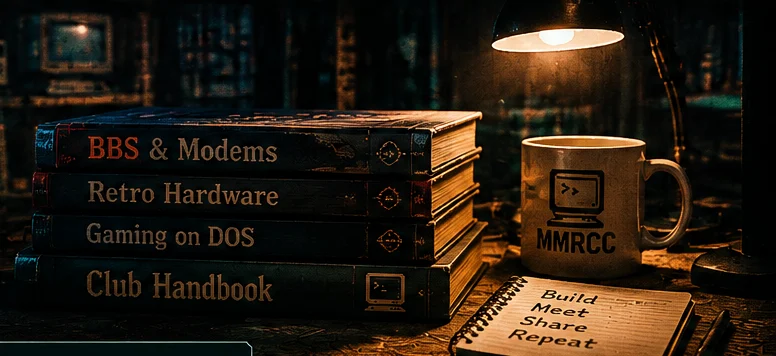 Illustration of BBS and retro-computing books on a warmly lit workbench.
