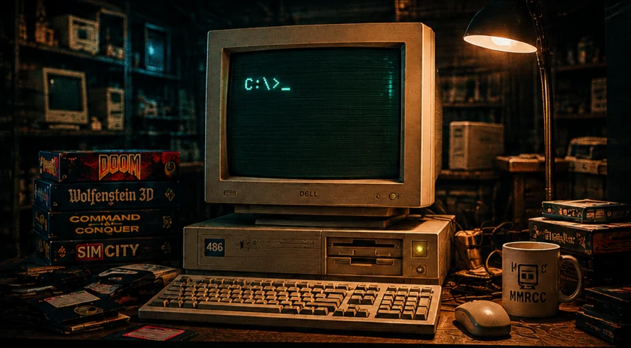 Illustration of a lamplit basement workbench stacked with beige computers, floppies, Doom boxes, and a CRT glowing at a DOS prompt.